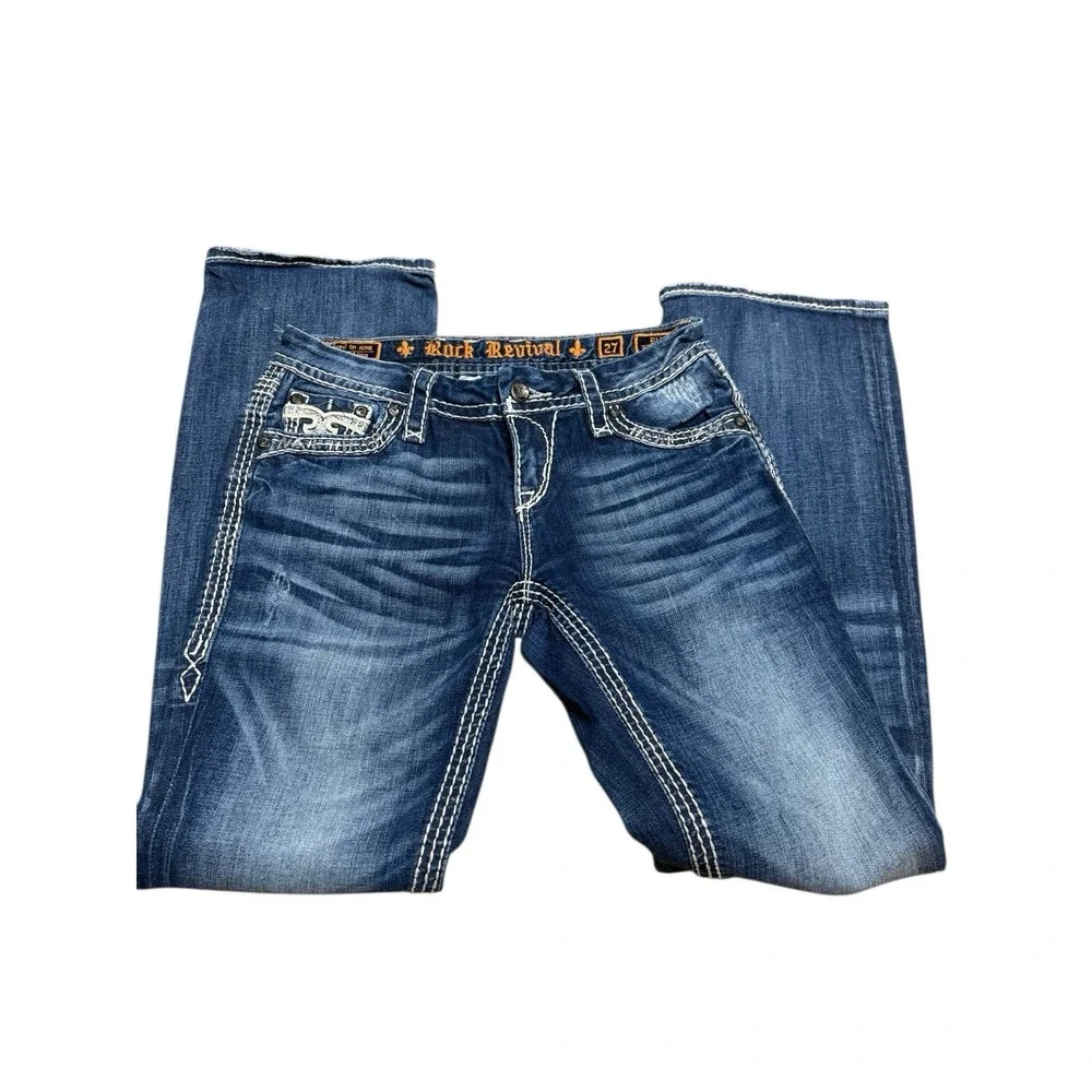 🤑Y2K‎ Rock Revival Jeans Bootcut Thick White Stitching Denim Bling Pockets 27 - Picture 5 of 9